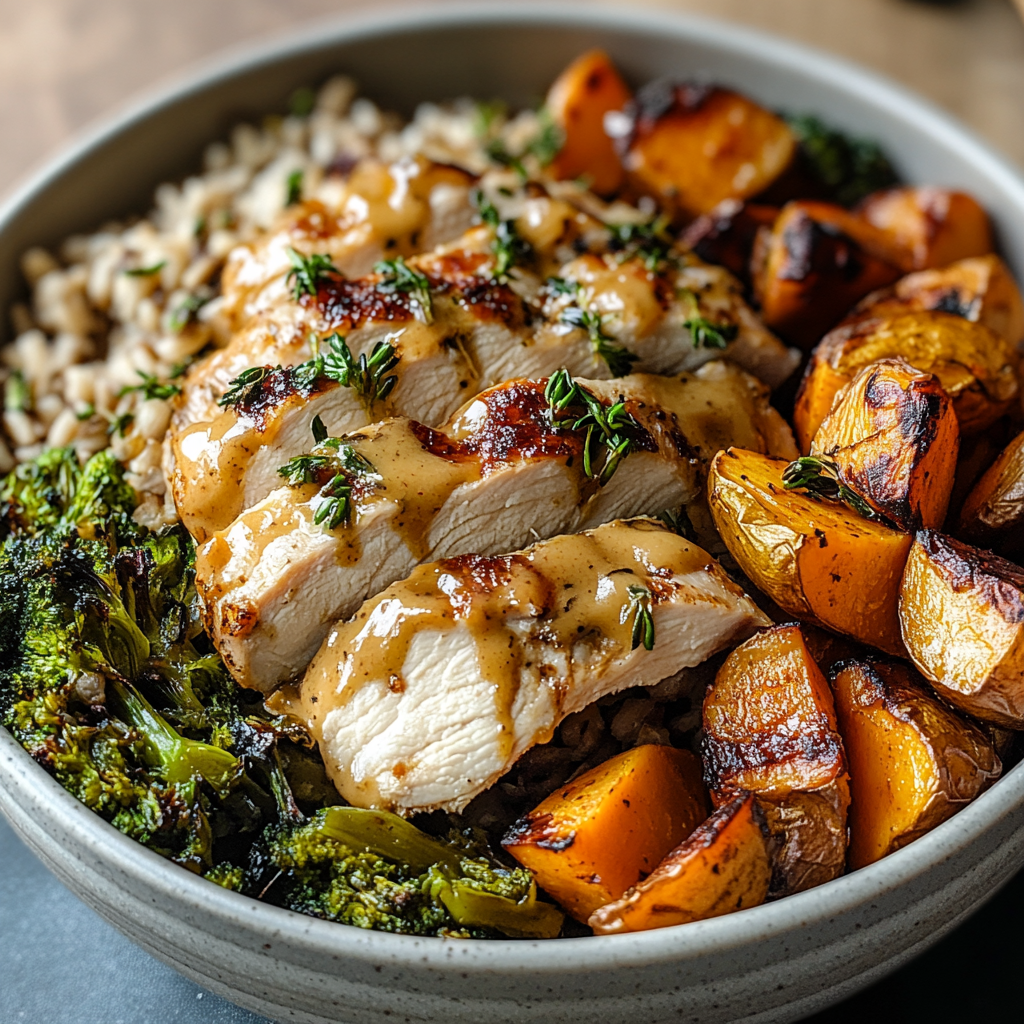 Recipe preparation for Maple Dijon Chicken & Roasted Sweet Potato Bowls