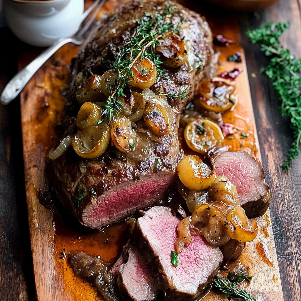 Recipe preparation for Roasted Beef Tenderloin with French Onions and Horseradish Sauce