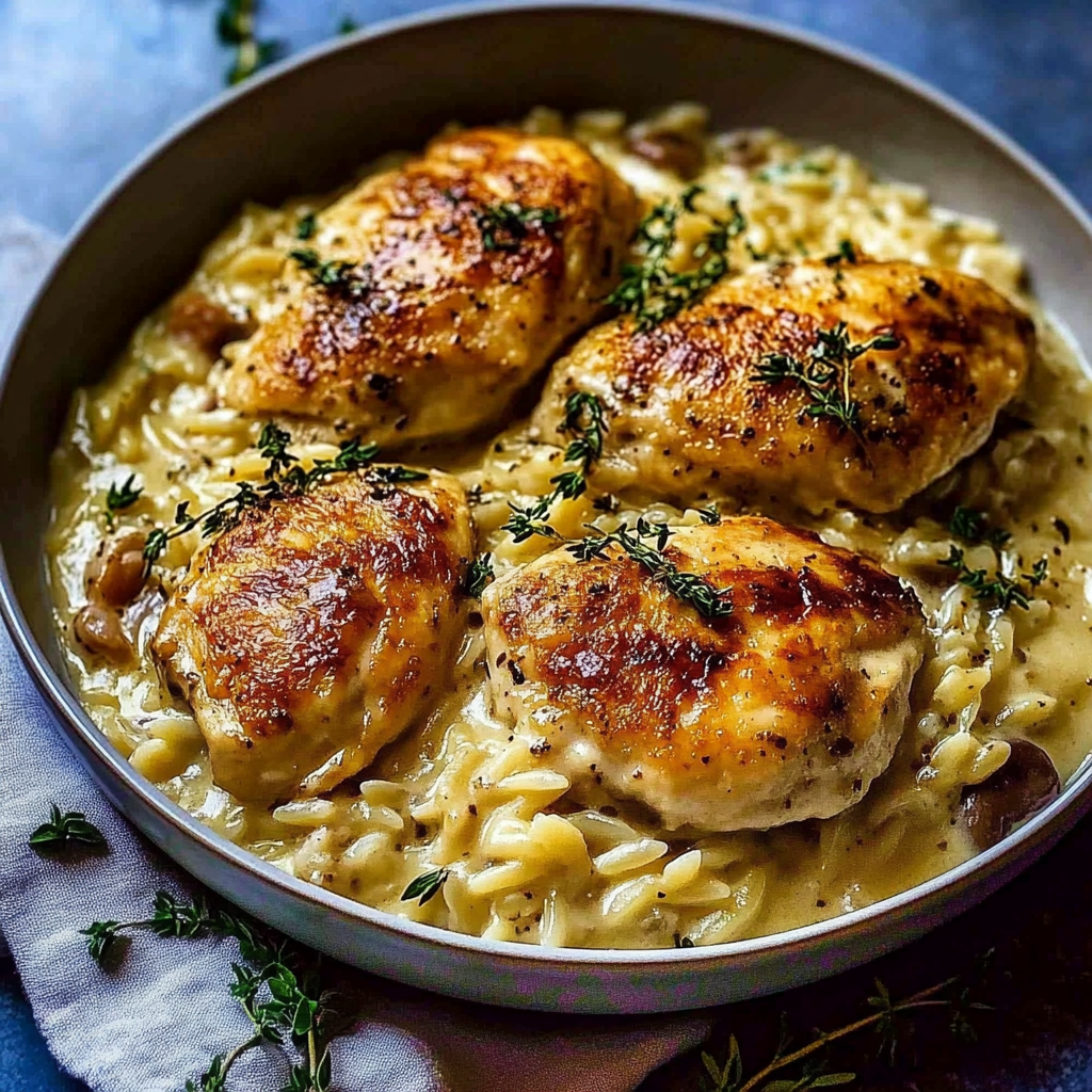 Recipe preparation for One-Skillet Creamy Chicken with Gruyere & Orzo