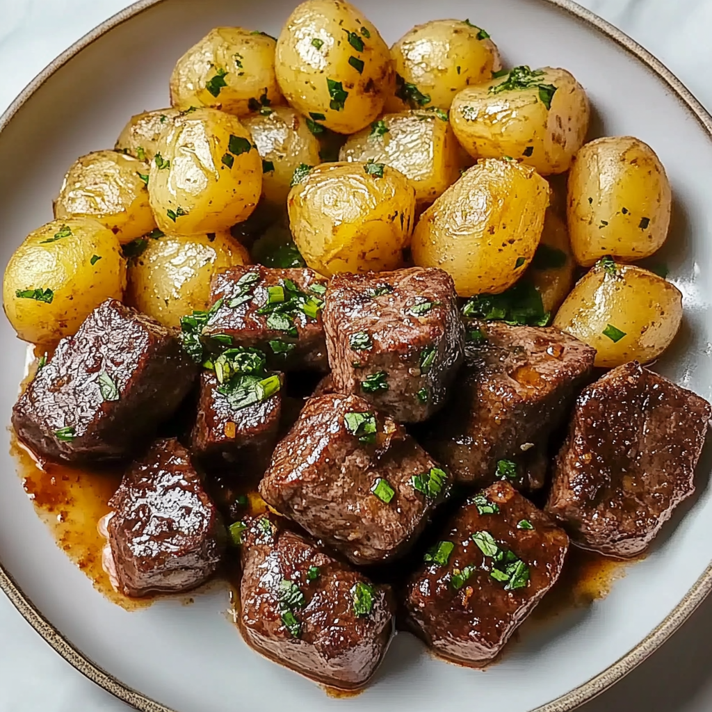 Recipe preparation for Garlic Butter Steak Bites and Potatoes
