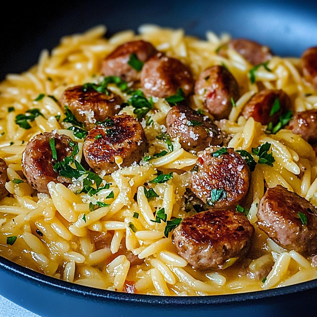 Recipe preparation for One-Pot Garlic Butter Sausage and Orzo