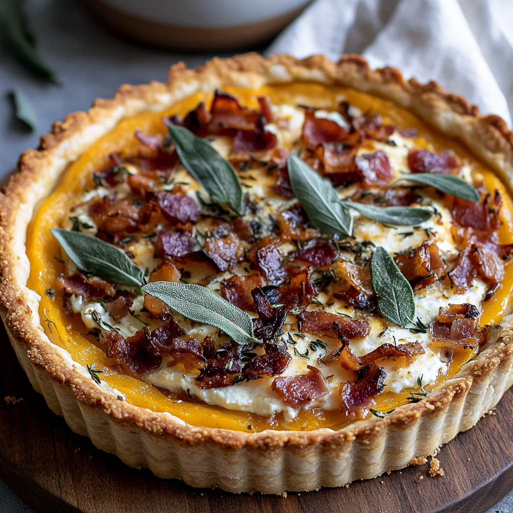 Recipe preparation for Pumpkin, Ricotta & Caramelized Onion Tart with Bacon and Sage