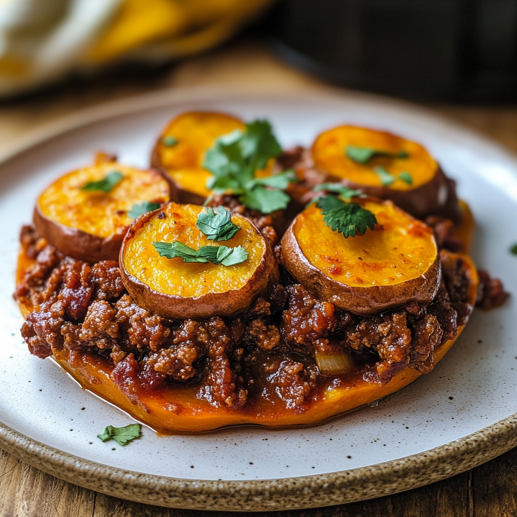 Recipe preparation for Sloppy Joes on Roasted Sweet Potatoes