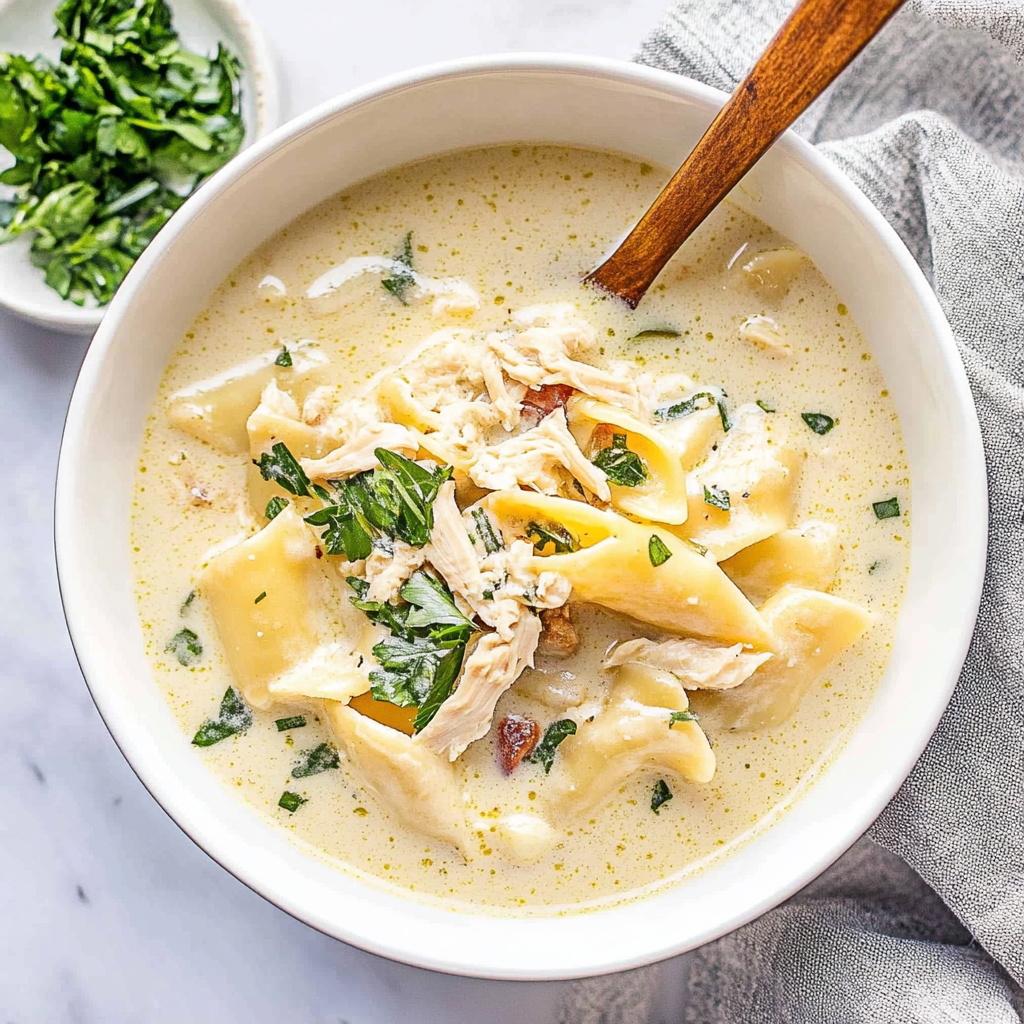 Recipe preparation for Creamy White Chicken Lasagna Soup