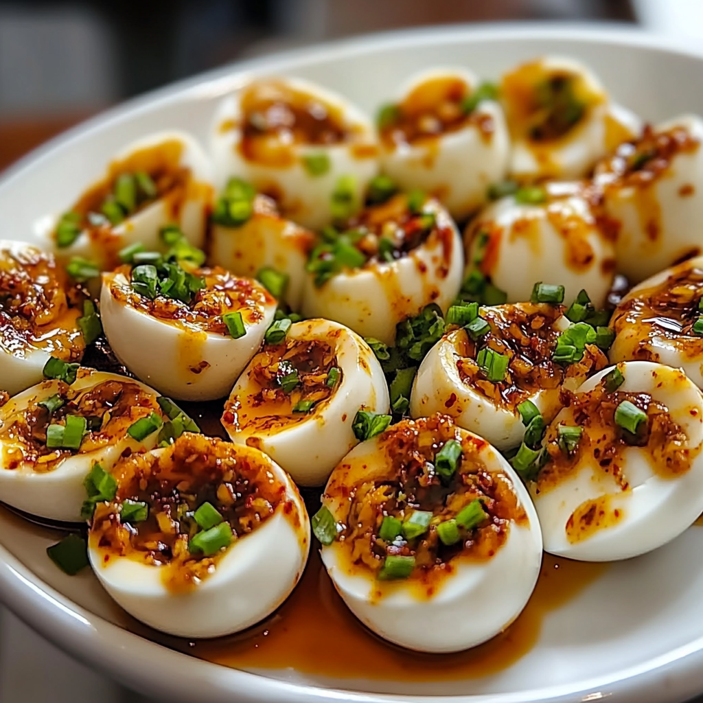 Recipe preparation for Spicy Chili Garlic Deviled Eggs Recipe with a Fiery Kick