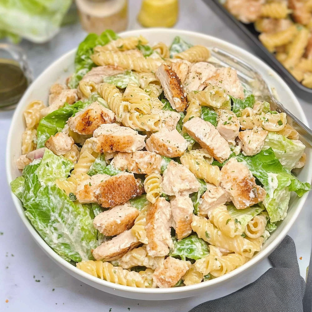Recipe preparation for Chicken Caesar Pasta Salad