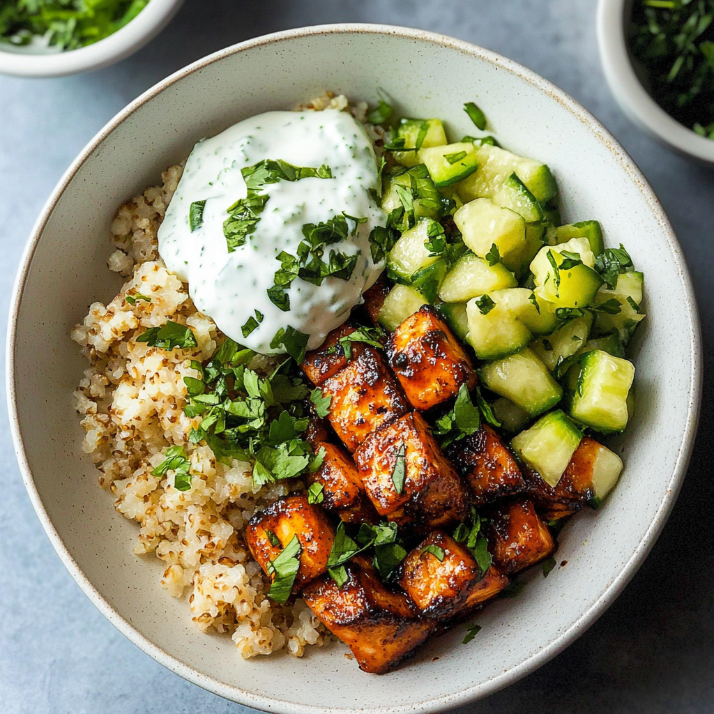 Recipe preparation for Green Goddess Salmon Grain Bowl