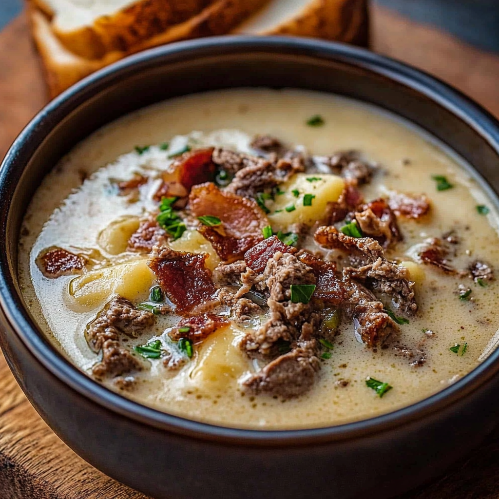Recipe preparation for One-Pot Philly Cheesesteak Soup with Bacon and Cheesy Toast