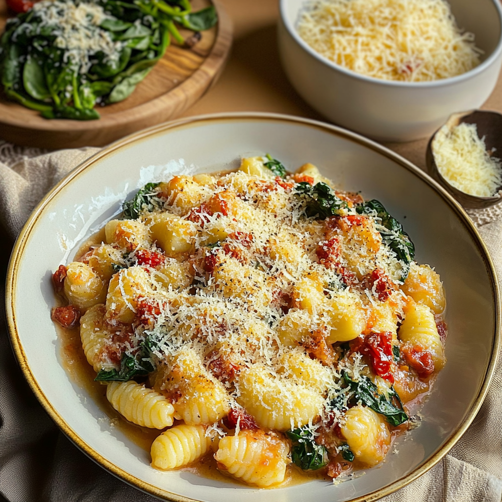 Recipe preparation for One-Pan Creamy Spinach & Sun-Dried Tomato Gnocchi