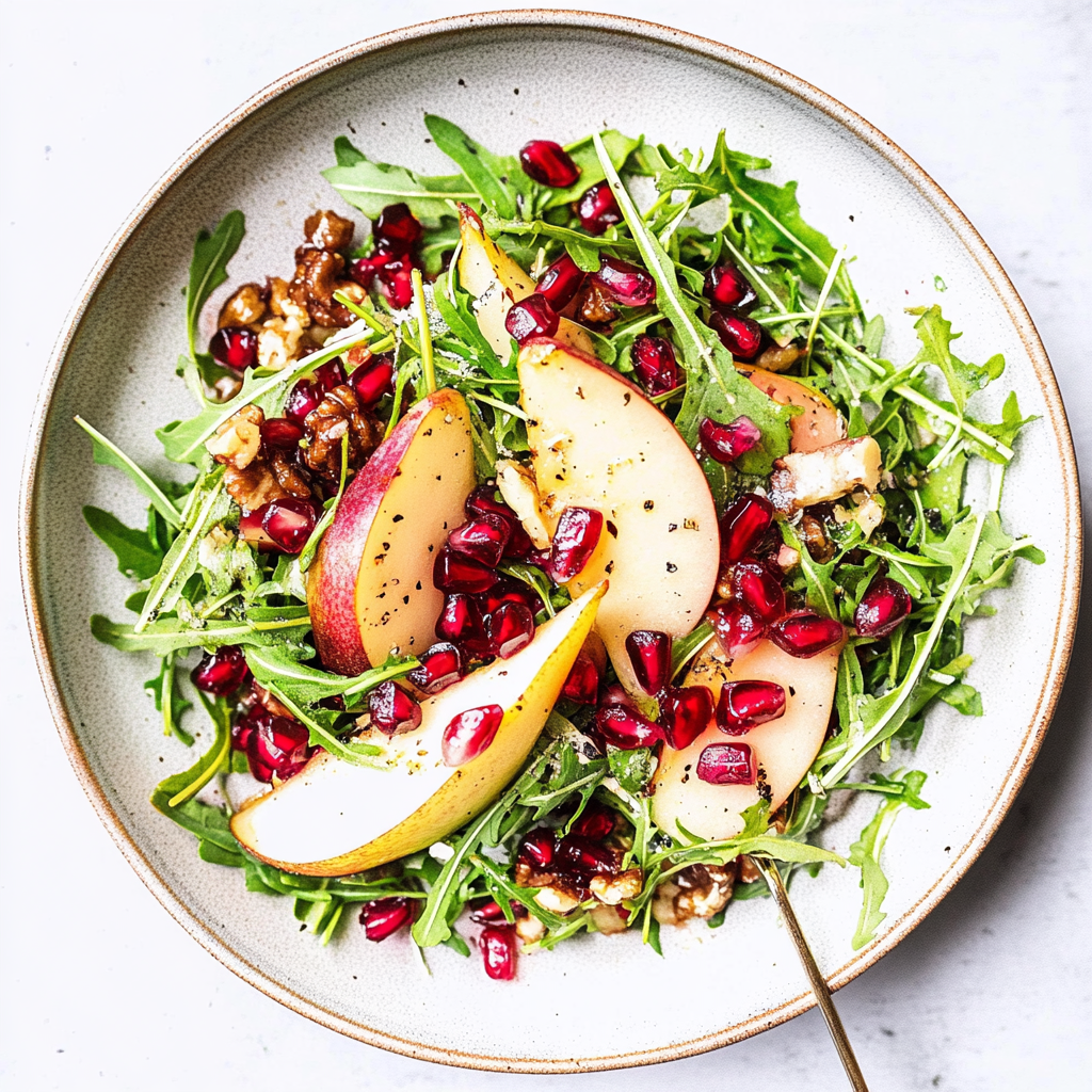 Recipe preparation for Pear, Pomegranate & Arugula Autumn Salad