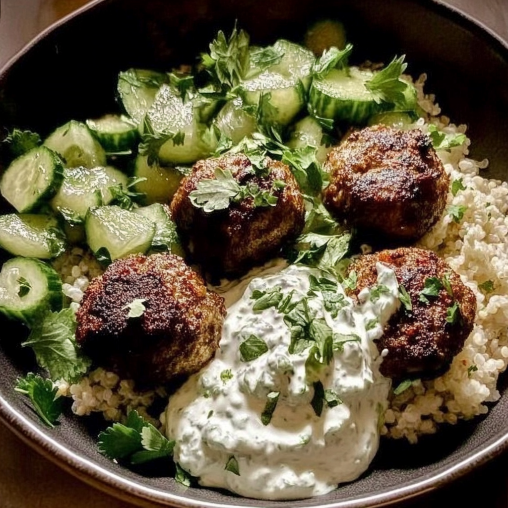 Recipe preparation for Za’atar Spiced Turkey Meatballs with Tzatziki & Quinoa