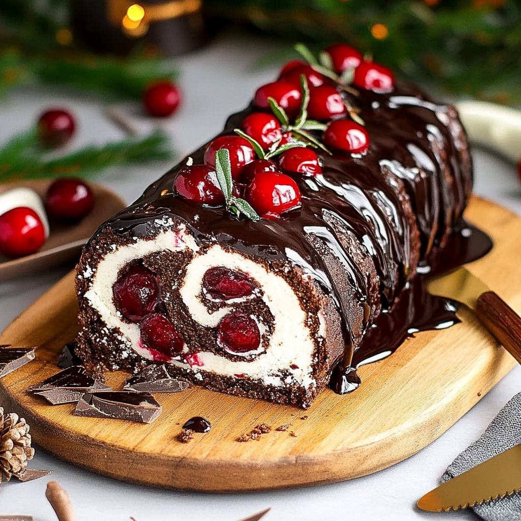 Recipe preparation for Dark Chocolate Cherry Yule Log