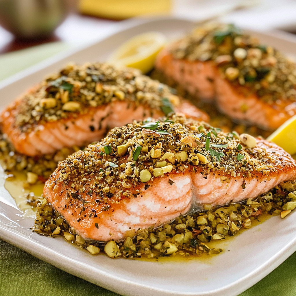 Recipe preparation for Pistachio-herb crusted salmon