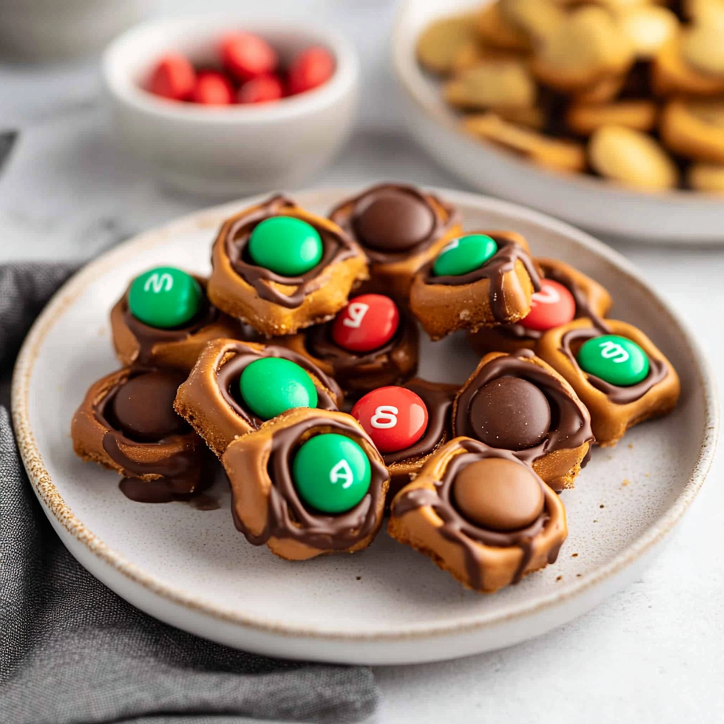 Recipe preparation for Christmas Rolo Pretzels with M&M Candies