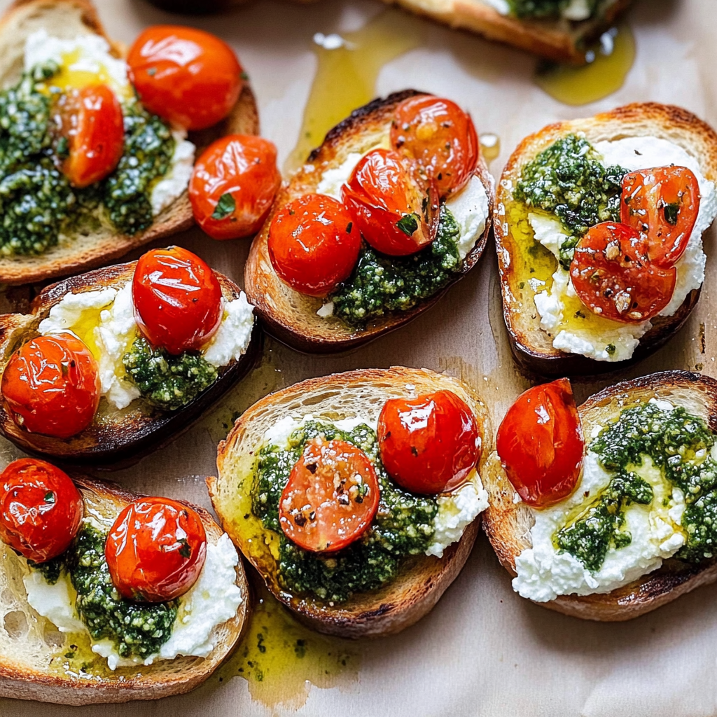 Recipe preparation for Pesto and Whipped Ricotta Toast