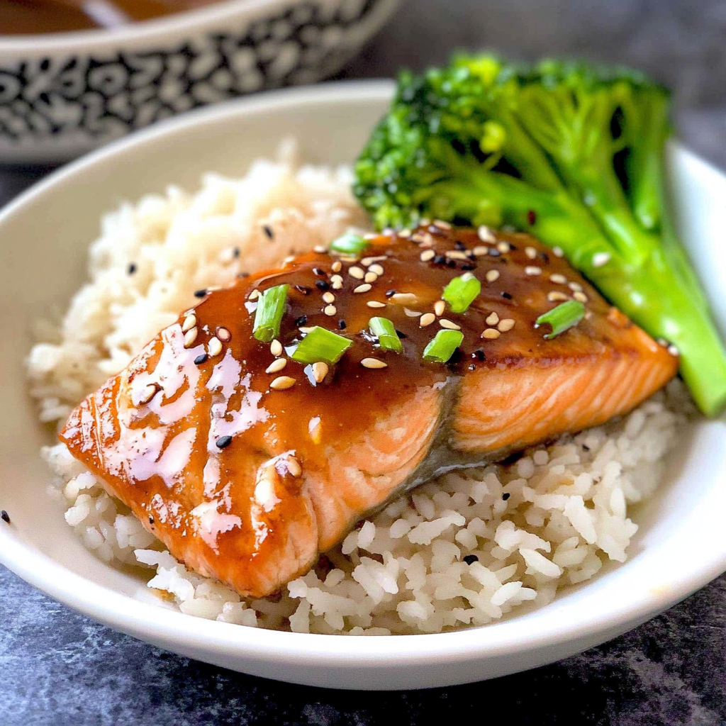 Recipe preparation for Honey Sesame Glazed Salmon with Rice