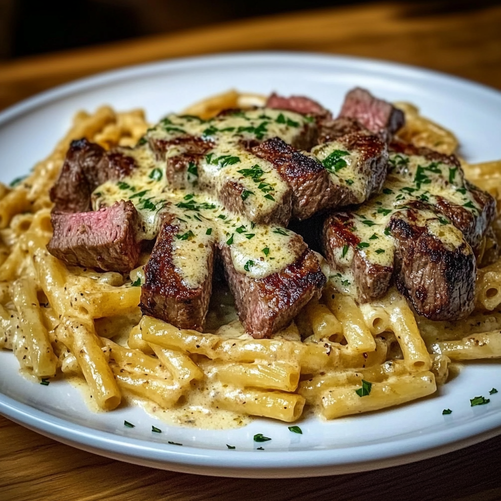 Recipe preparation for Creamy Garlic Butter Steak Pasta
