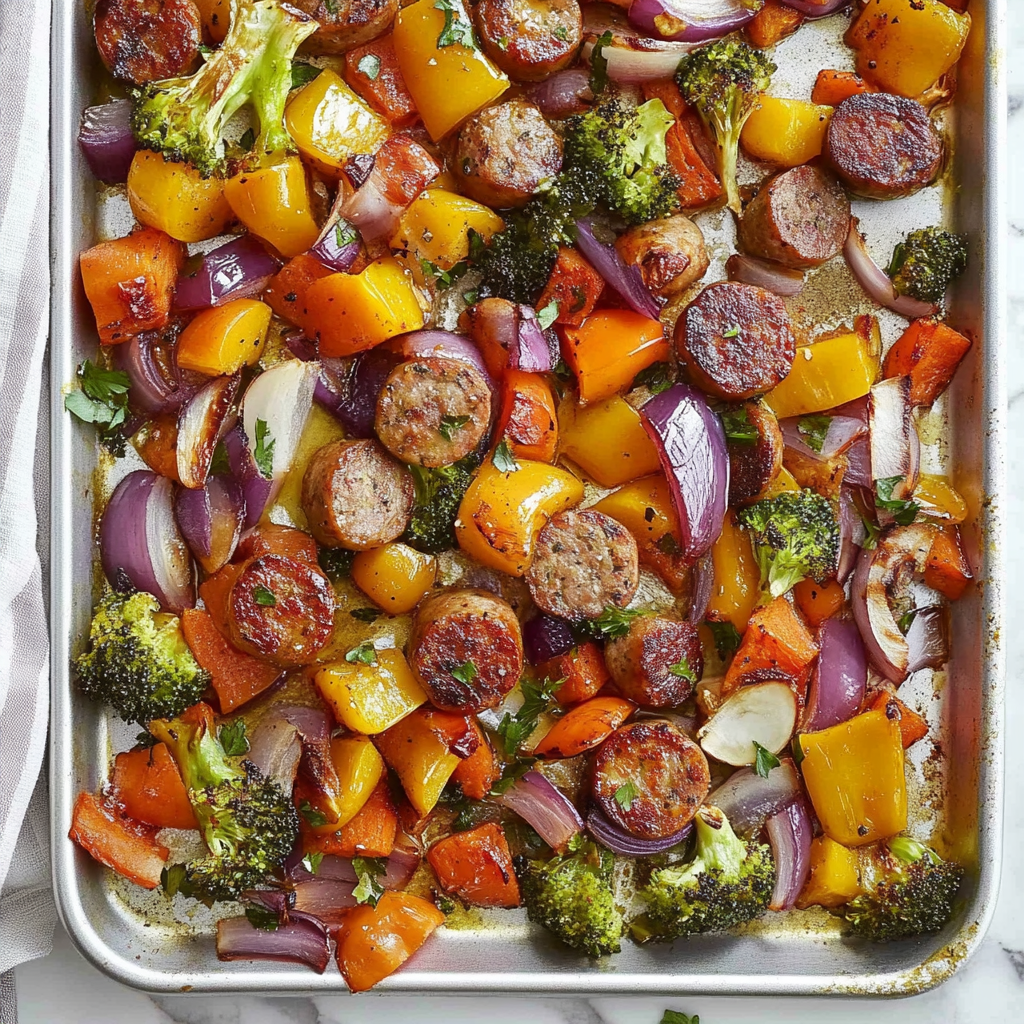 Recipe preparation for Healthy Sheet Pan Sausage and Veggies