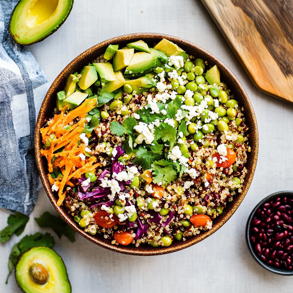 Recipe preparation for Quinoa Avocado Power Bowl with Edamame and Feta