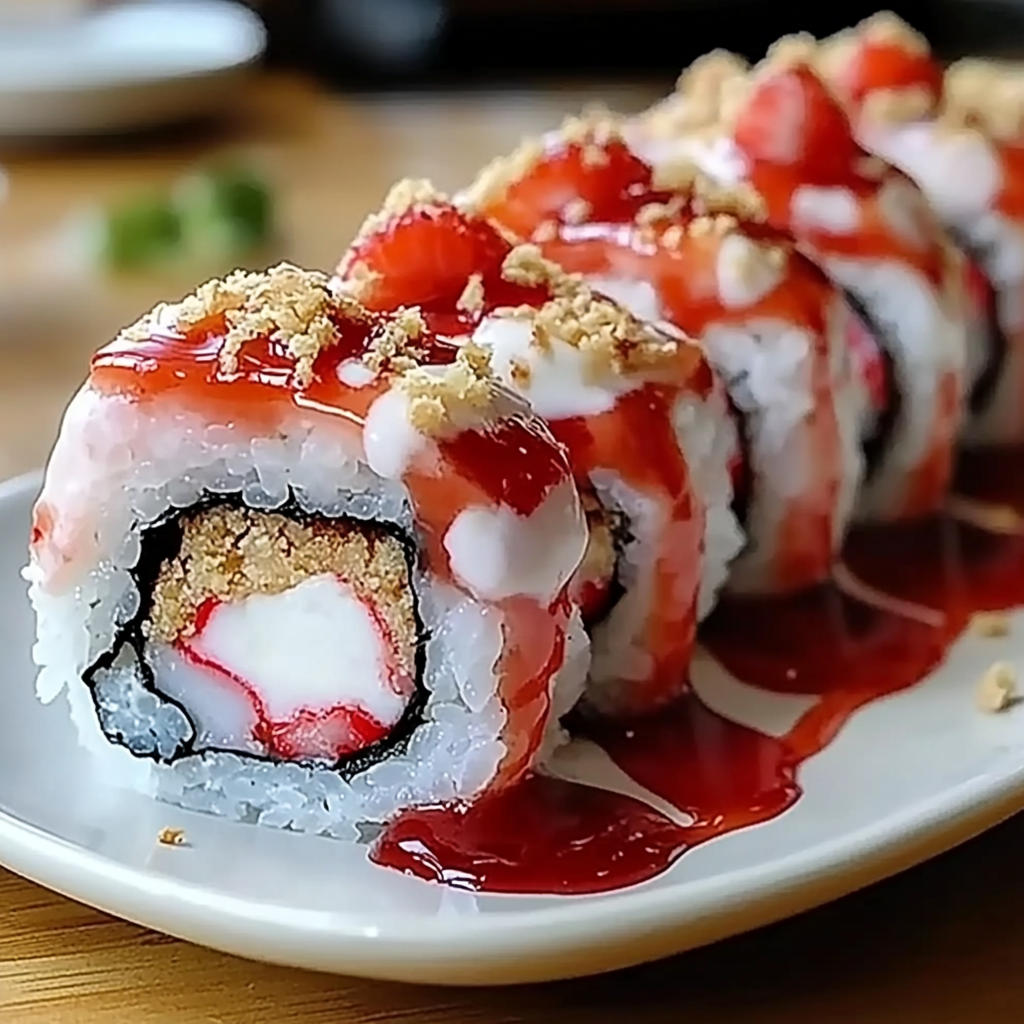 Recipe preparation for Strawberry Shortcake Sushi Roll Dessert