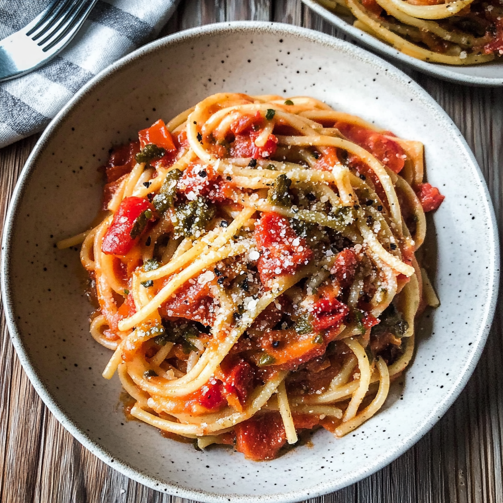 Recipe preparation for Roasted Red Pepper Pantry Pasta