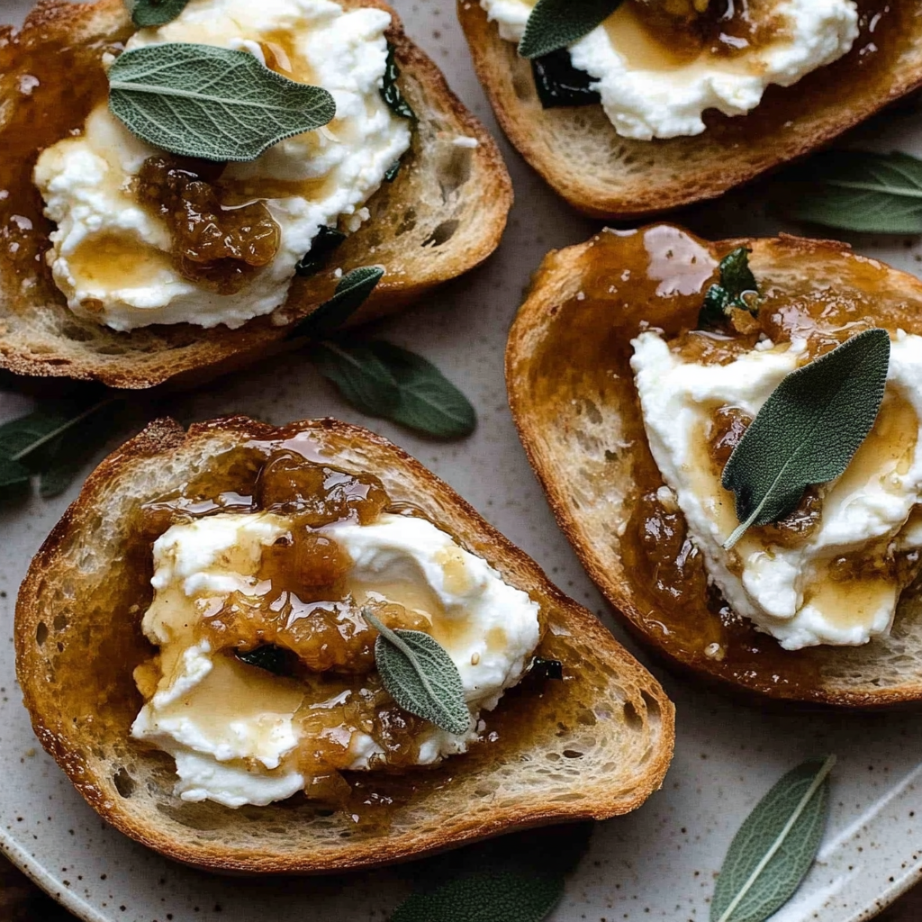 Recipe preparation for Burrata Toast Appetizer with Fig Syrup, Pumpkin Butter and Sage