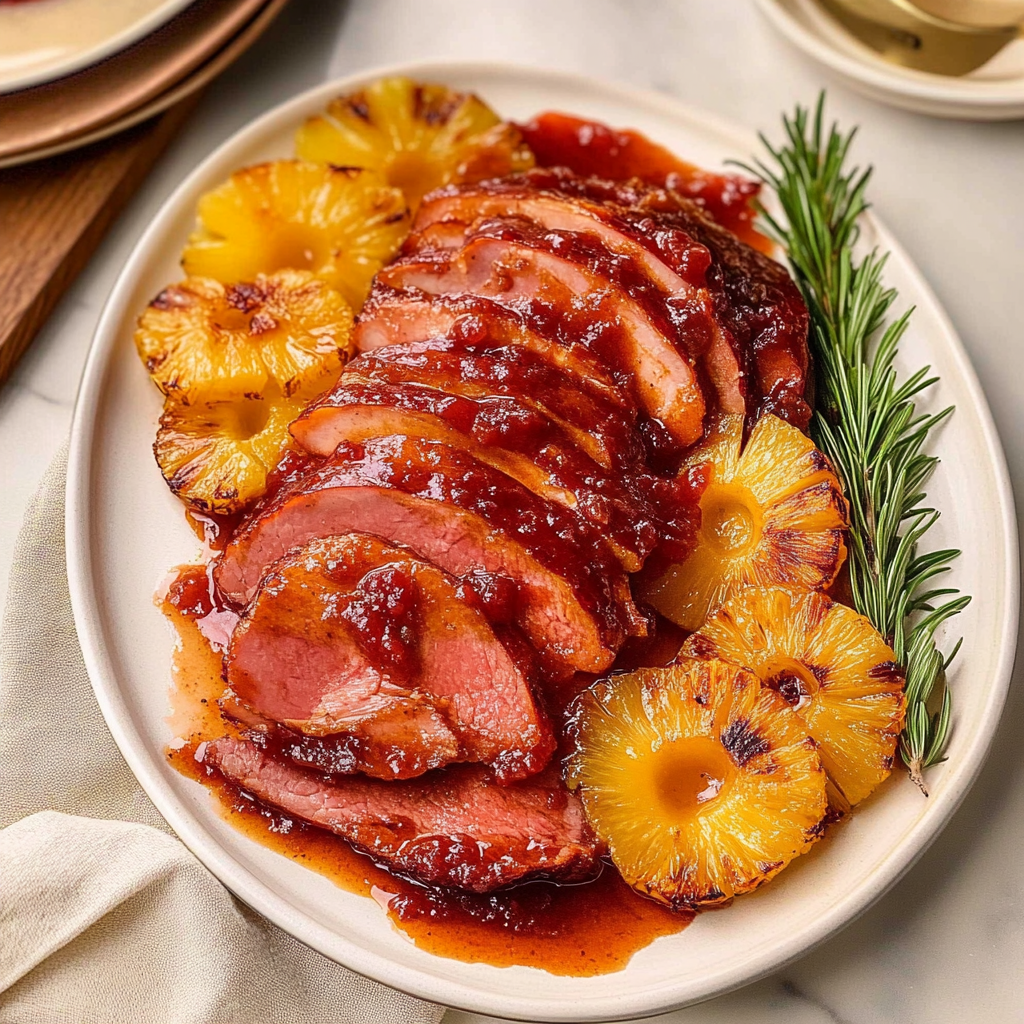 Cranberry-Glazed Ham with Pineapple Chunks