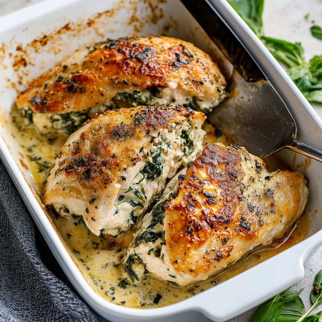 Recipe preparation for Creamy Spinach Parmesan Stuffed Chicken