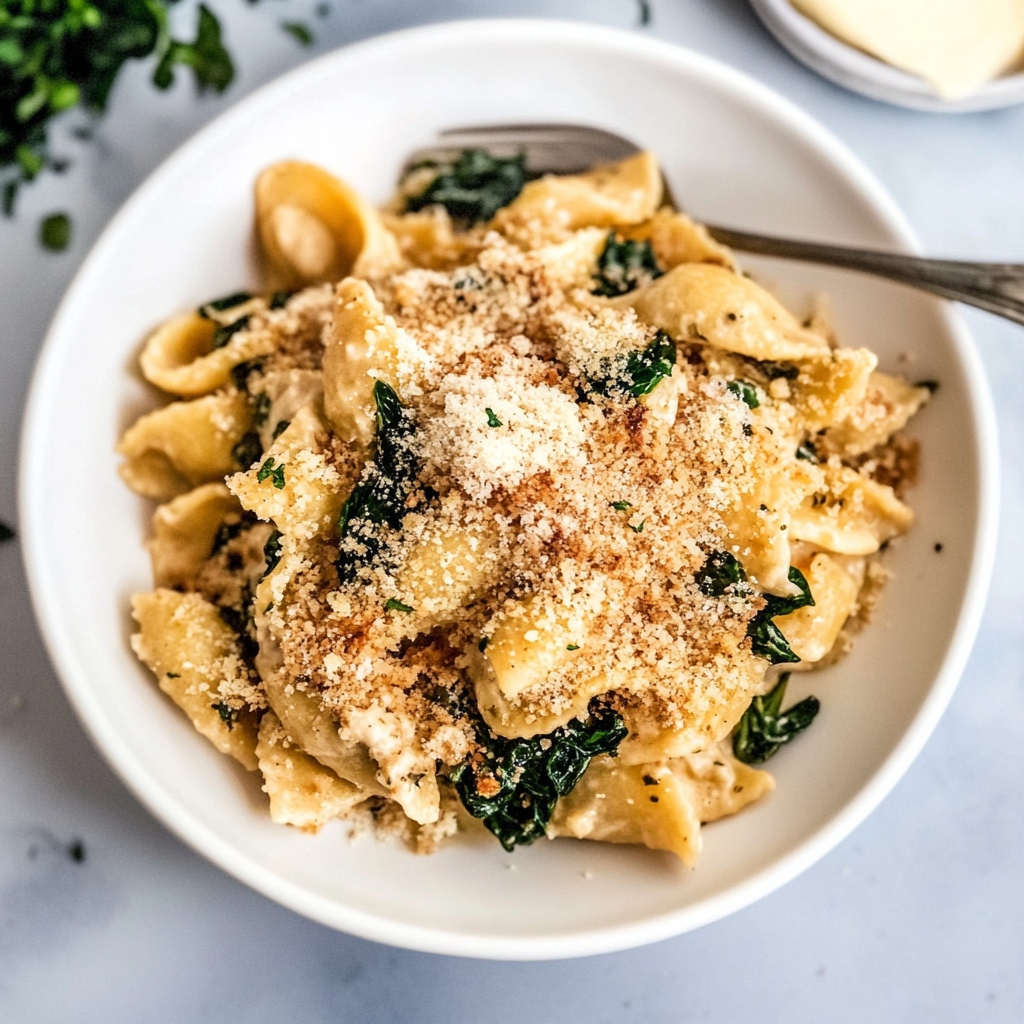 Recipe preparation for Caramelized Onion & Spinach Alfredo Bake
