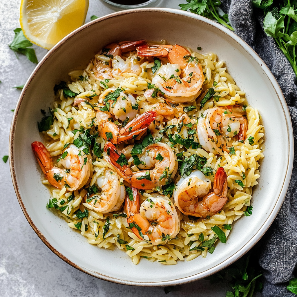 Recipe preparation for Herb Butter Shrimp & Orzo Skillet