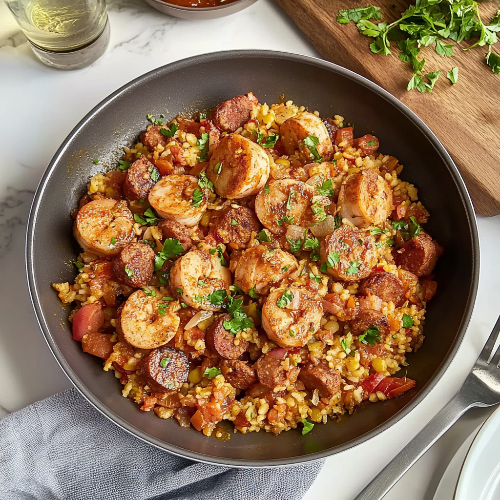 Recipe preparation for Ham and Sausage Jambalaya