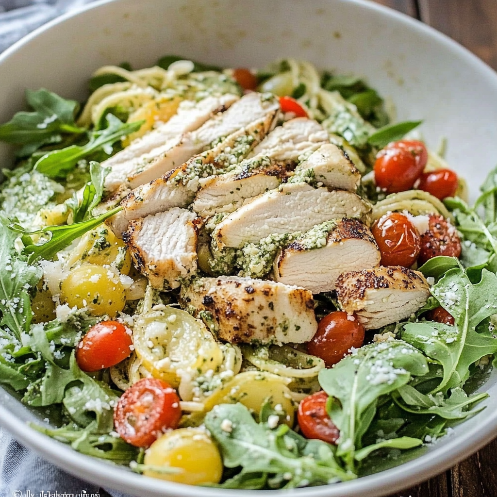 Recipe preparation for Pesto Pasta with Grilled Chicken, Cherry Tomatoes and Arugula