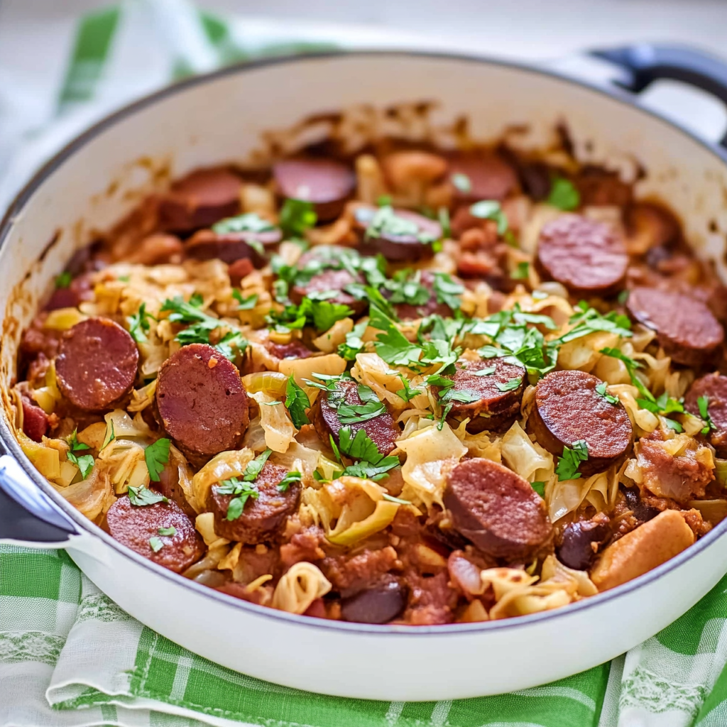 Recipe preparation for Kielbasa and Cabbage Skillet