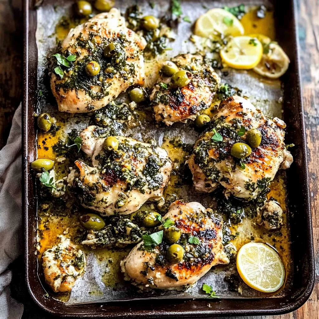 Recipe preparation for Roasted Garlic Butter Chicken with Lemon Olive Dressing