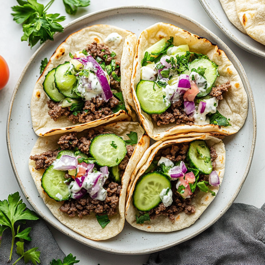 Recipe preparation for Ground Beef Pitas w/ Cucumber Salad (20-Min Dinner!)