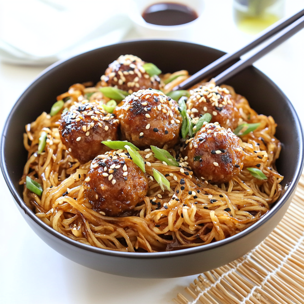 Recipe preparation for Crispy Teriyaki Meatball Noodle Bowls