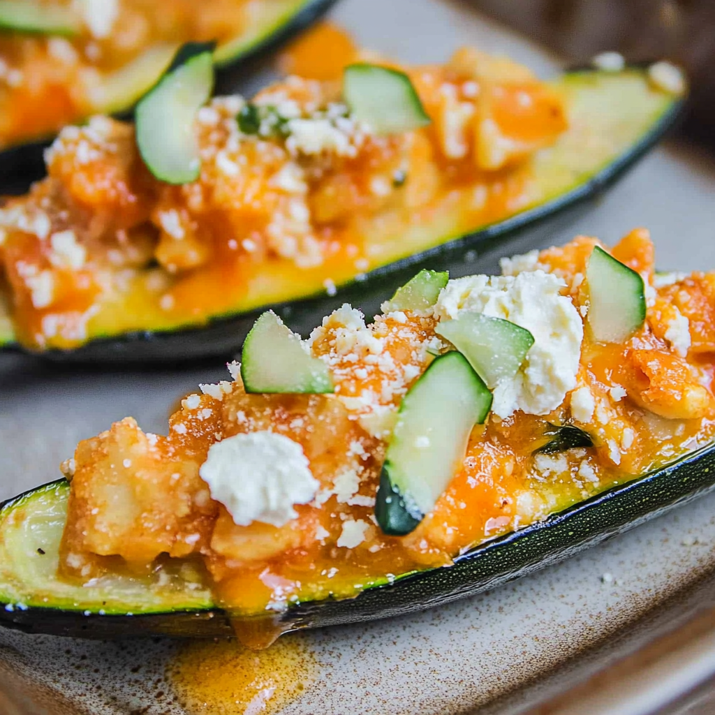 Recipe preparation for buffalo chicken zucchini boats