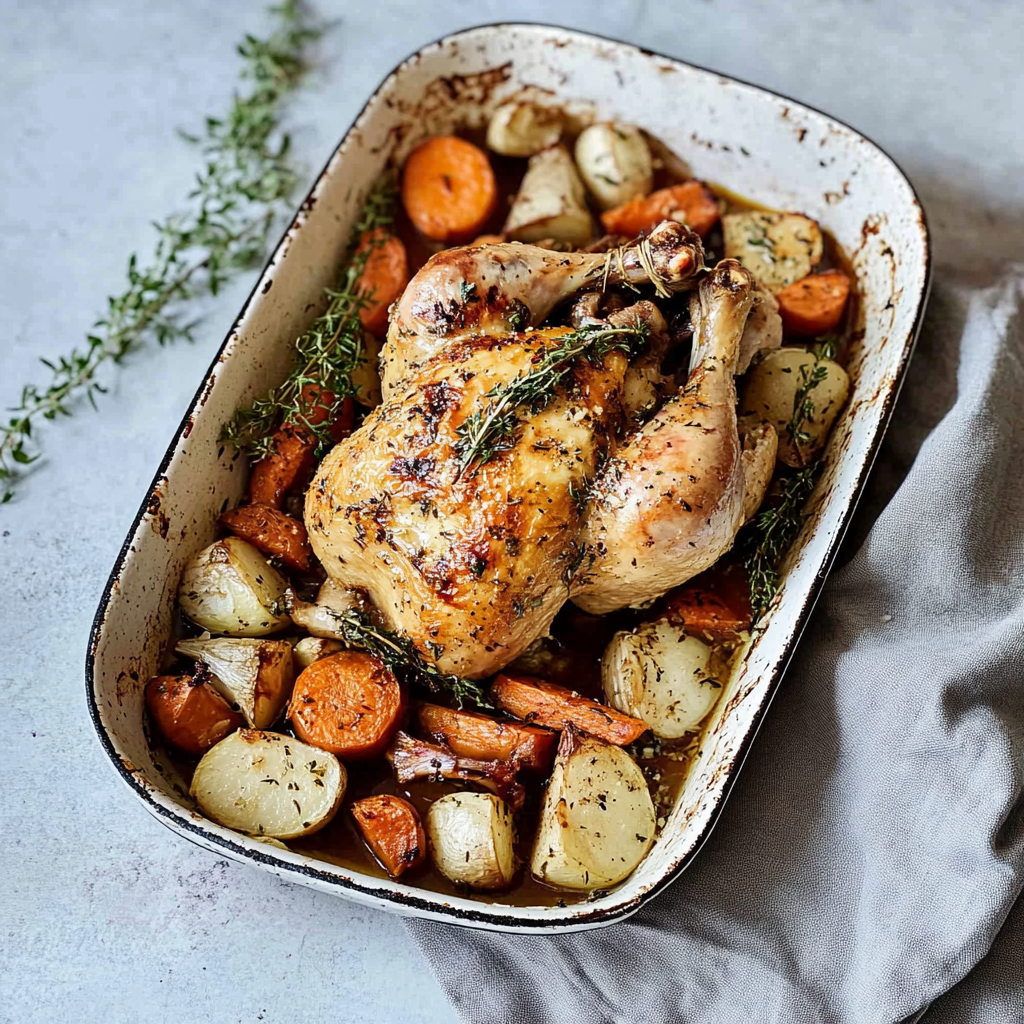 Recipe preparation for Baked Garlic Herb Chicken & Root Veggies
