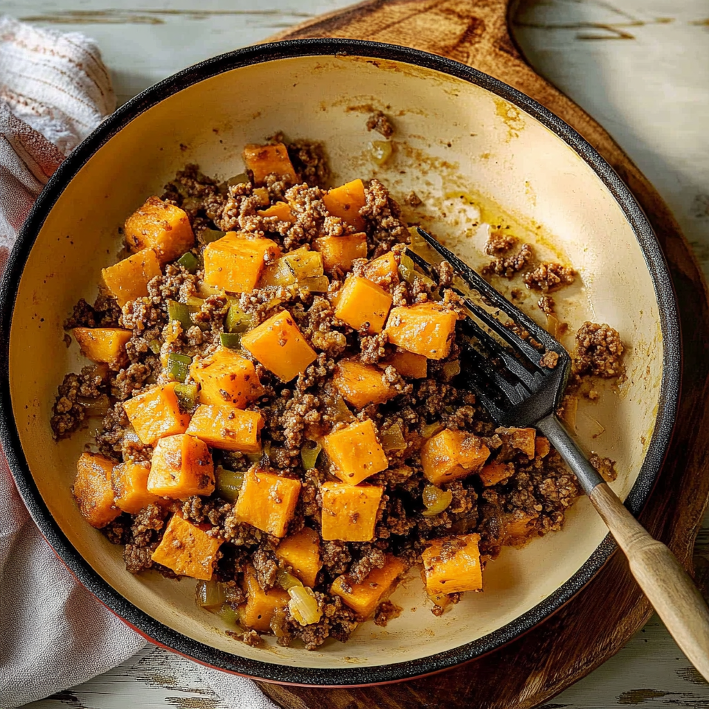 Recipe preparation for Ground Beef Sweet Potato Skillet Bake