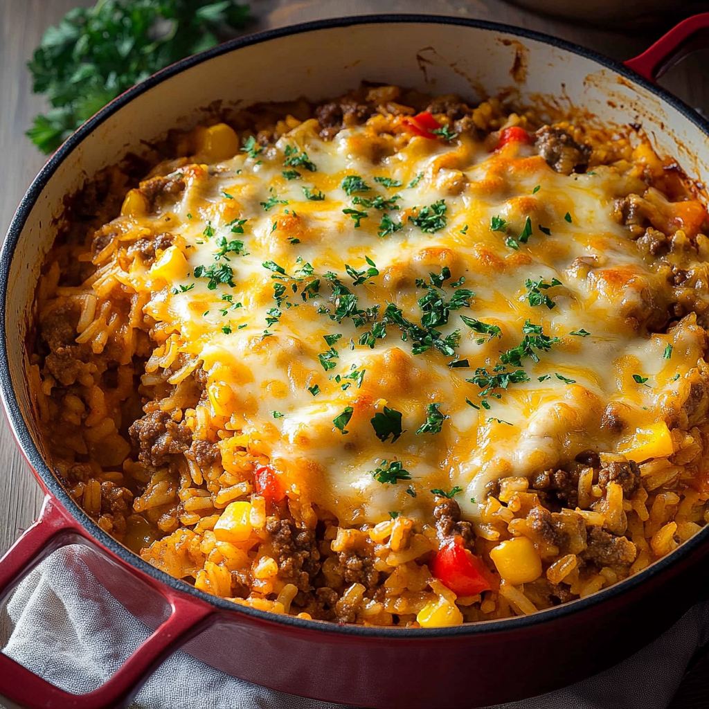 Recipe preparation for Cheesy Beef & Pepper Rice Casserole