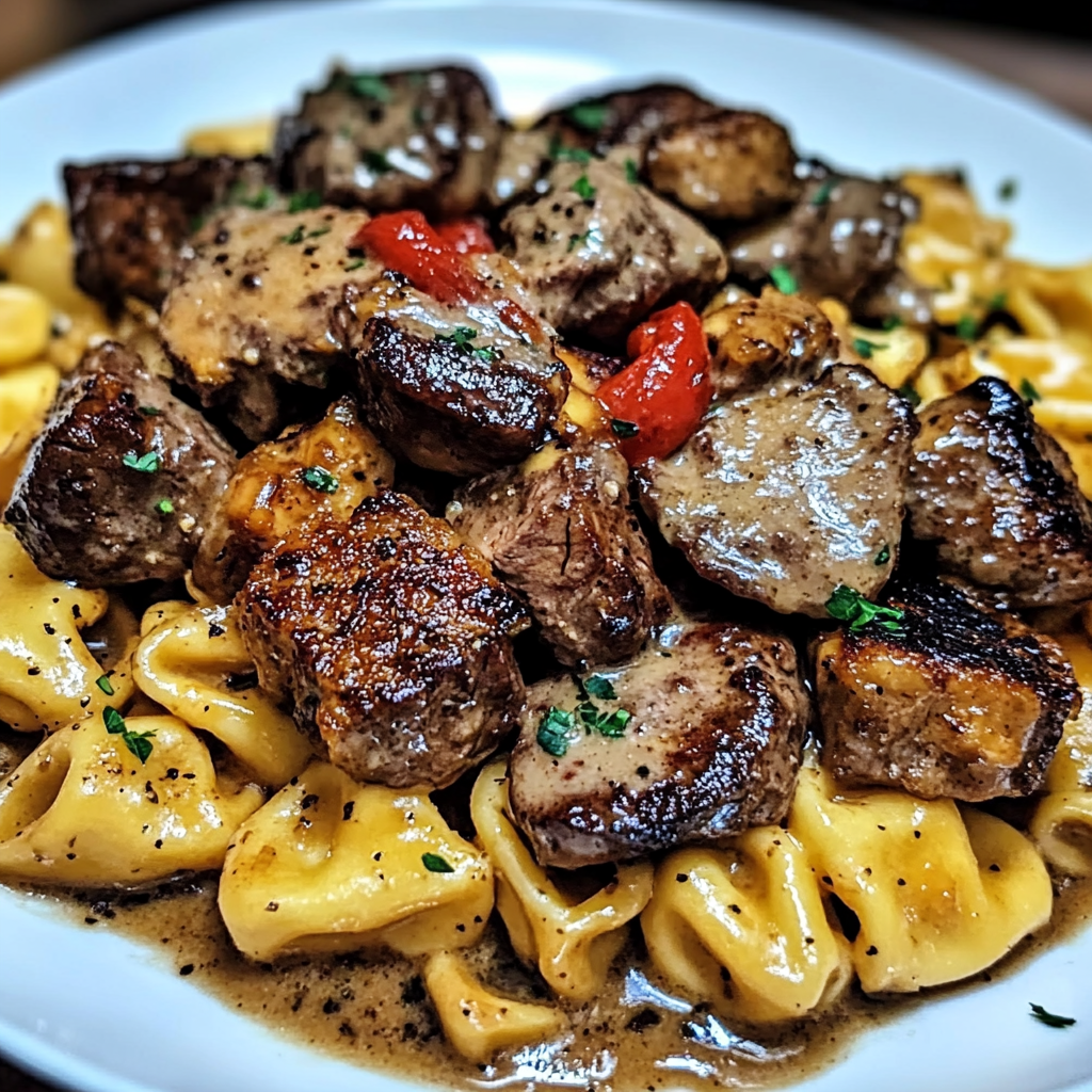Recipe preparation for One-Pan Cowboy Butter Tortellini Steak Bites