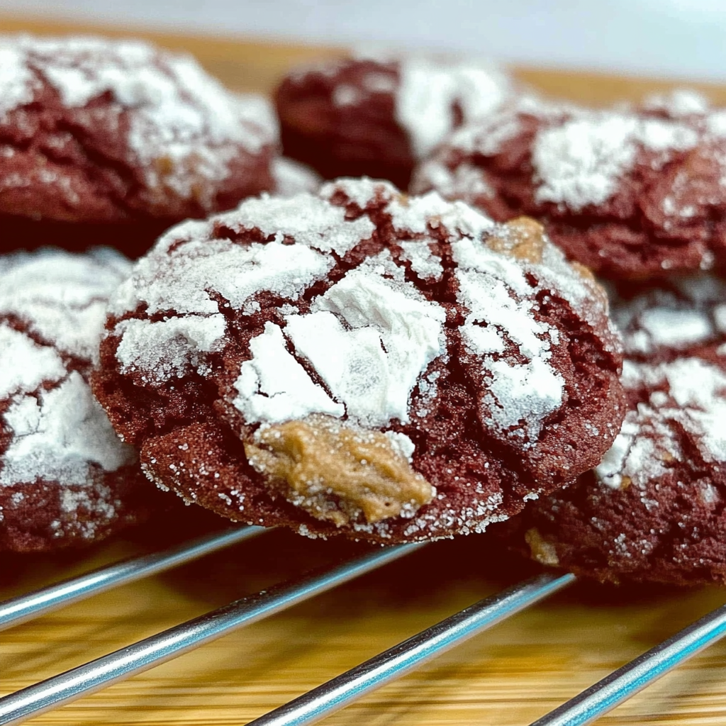 Recipe preparation for Peppermint Red Velvet Crinkle Cookies