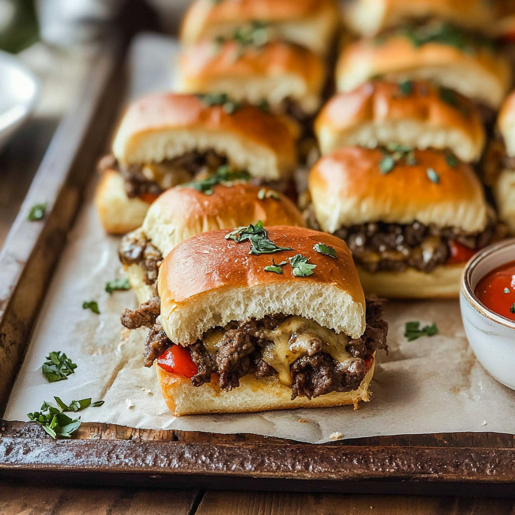 Recipe preparation for Melty Philly Cheesesteak Sliders on Hawaiian Rolls