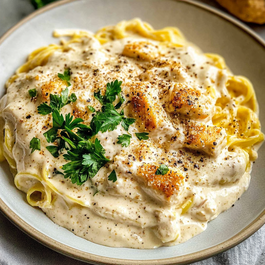 Recipe preparation for High-Protein Chicken Alfredo Spaghetti Squash