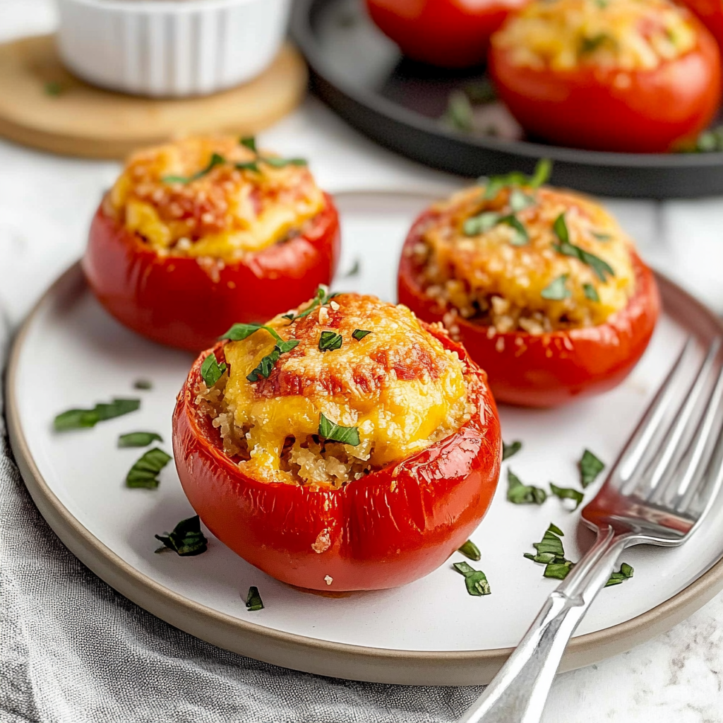 Recipe preparation for cheesy baked stuffed tomatoes