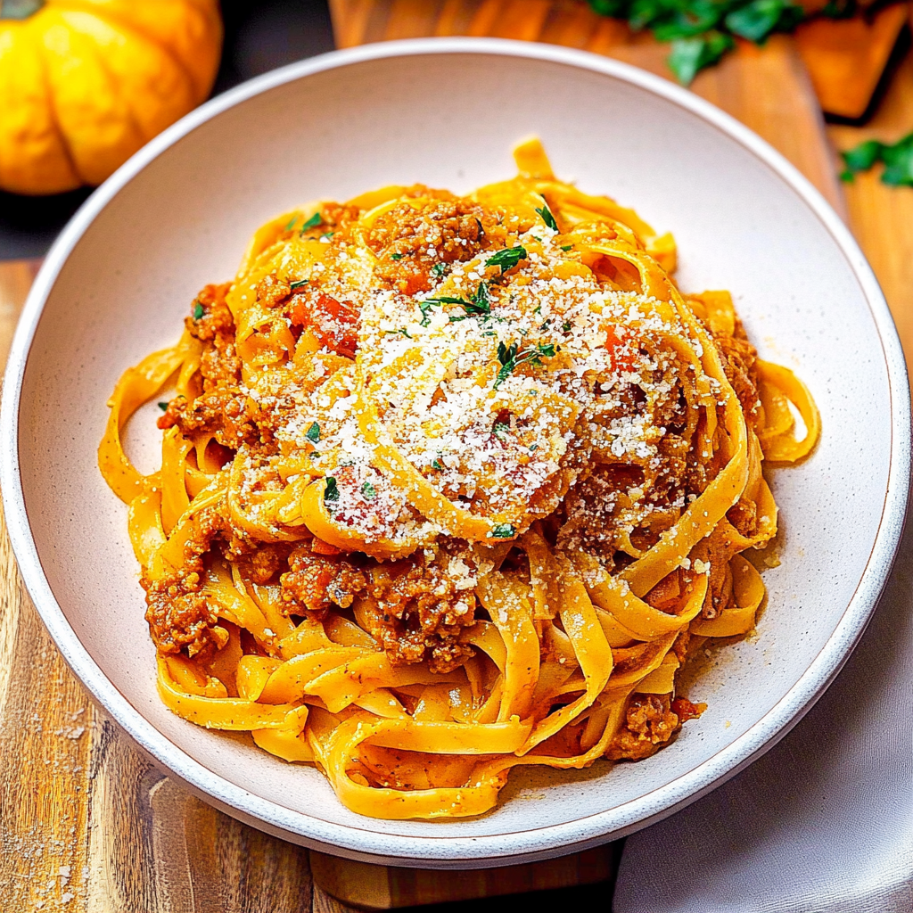 Recipe preparation for pumpkin bolognese tagliatelle
