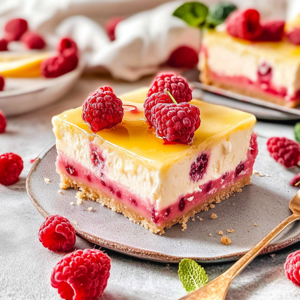 Recipe preparation for lemon cheesecake bars with raspberries
