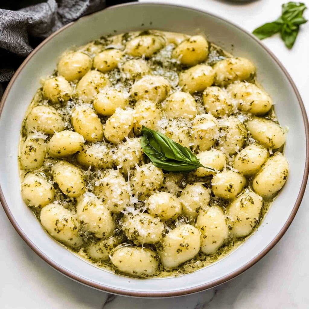 Recipe preparation for creamy pesto gnocchi
