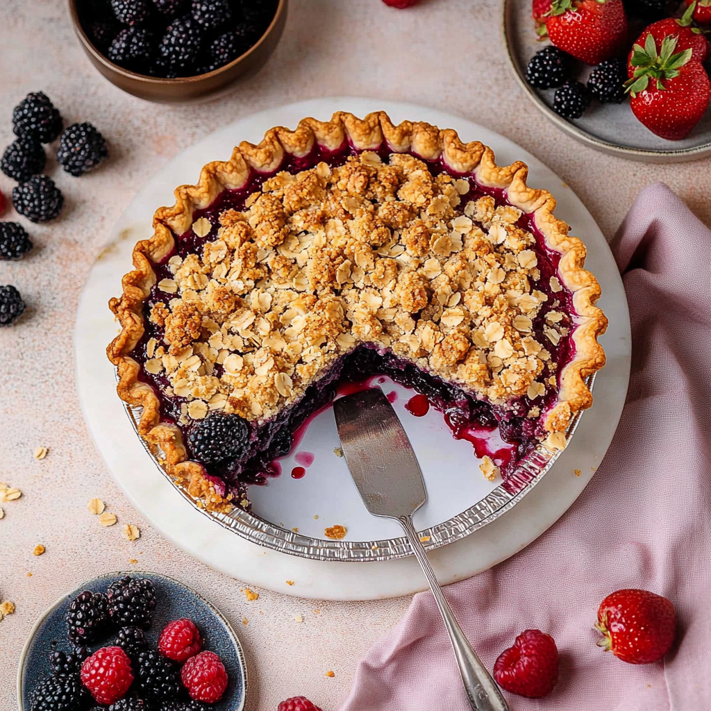 Recipe preparation for mixed berry crumble pie with fresh berries