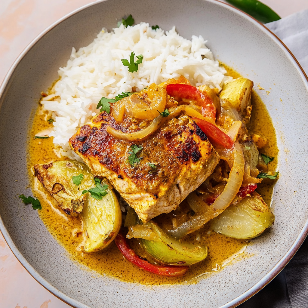 Recipe preparation for caribbean-style coconut curry salmon